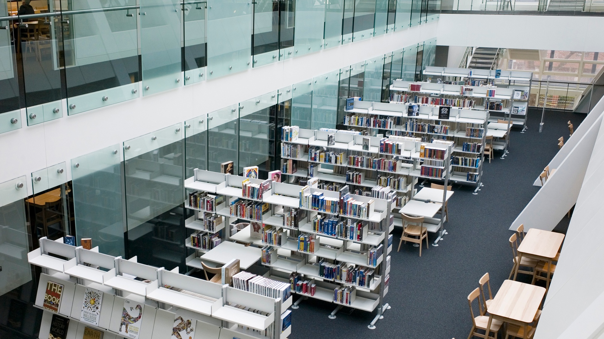 Dank der freistehenden Struktur des 606 konnte die Bibliothek im Lichthof der Schule gebaut werden. Das Tageslicht wird optimal genutzt.