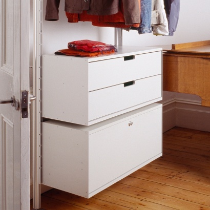 strong hanging rail shelves for clothes with locker Cabinet. Modular shelving system.Designer Dieter Rams