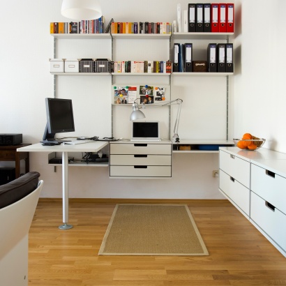 Computer desk for home office, workstation. Modular shelving system, strong shelves above for box-files and heavy books, wall mounted sideboard cabinet,