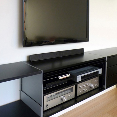 TV stand entertainment centre and media cabinets. Modular shelving system, strong metal, wall mounted. Open back for electronics and cables