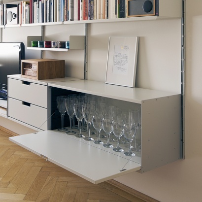 Sideboard with locker Cabinet, dining room or living room. Modular shelving systems. Designer Dieter Rams