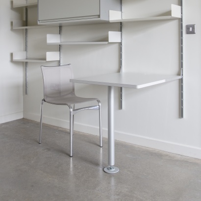 Computer desk table with bookshelves for home office. Modular shelving system for studio apartment. Modern wall mounted strong shelves for box-file storage,. Designer Dieter Ram