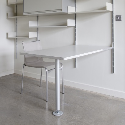 Modular Shelving above desk for home or office. wall mounted strong shelves for box-file storage, books. Designer Dieter Ram