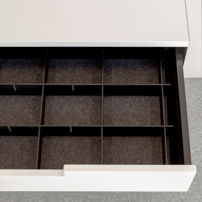 wall mounted cabinet with anti-slide liner and object divider and organiser accessories