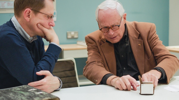 Dieter Rams and Mark Adams at Vitsœ HQ during filming