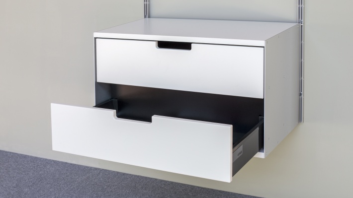 Floating cabinet, one-drawer. Vitsœ 606 modular shelving system, Designer Dieter Rams