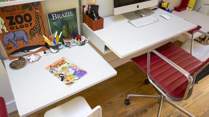 Floating desk shelves. Modular 606 shelving system, adjustable heights for children and adults during home schooling and home office workspace.