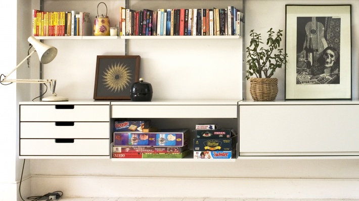 TV stand with bookshelves and floating cabinets, vinyl record storage designer shelves