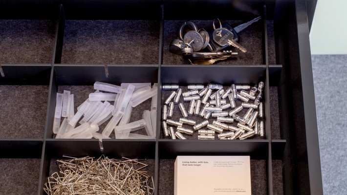 wall mounted cabinet with anti-slide liner and object divider and organiser accessories