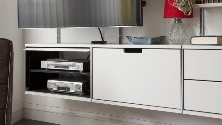 TV stand and bookshelves. Modular shelving system. Open back for cables