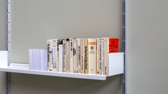 Designer shelves for books, strong metal, 606 modular shelving system smaller books, media CD’s and DVD’s storage