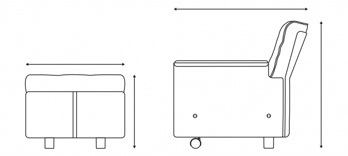 Designer armchair and footstool, 620 Chair. Linear drawing. Access to dimensions and other details